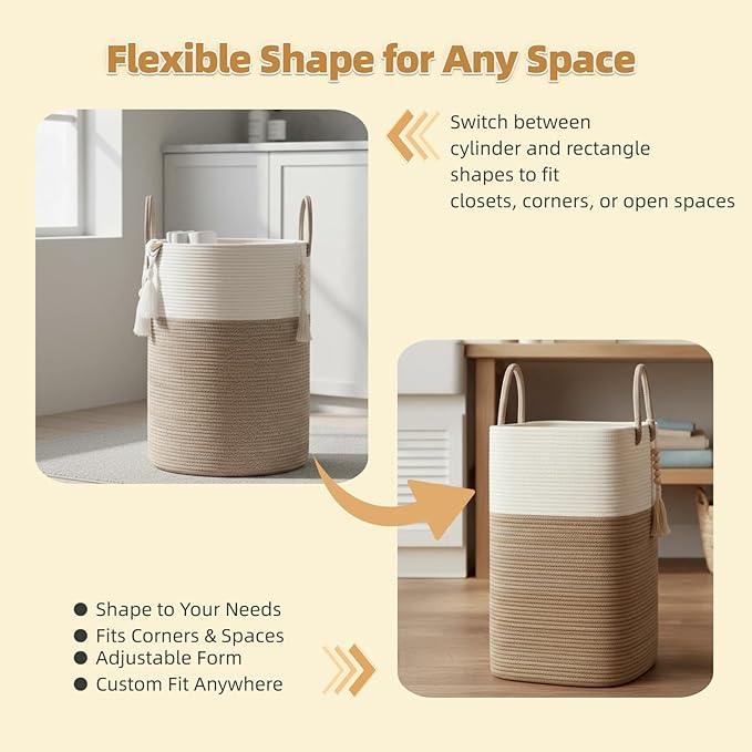 80L Tall Woven Laundry Hamper – Large Foldable Storage Basket with Handles for Clothes, Blankets, Toys, Bathroom, Living Room, Nursery Decor - ModernBath