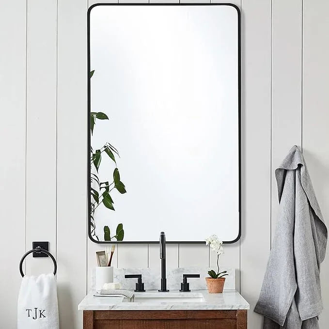 Bonverre 27x40 Inch Rectangle Bathroom Mirror with Black Metal Frame, Rounded Corner Rectangular Vanity Mirror for Wall, Modern Large for Bedroom, Living Room, Horizontal or Vertical - ModernBath