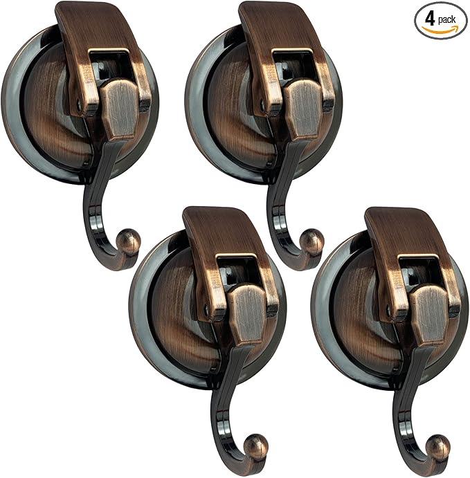 Heavy Duty Vacuum Suction Shower Hooks - Glass Suction Cup Hooks, Bathroom Robe Hooks - Reusable, No Hole Punched - Antique Brass, 4 Pack - ModernBath