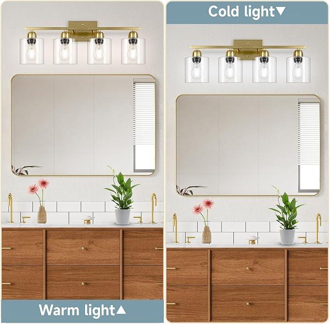 FAISHILAN Modern Brushed Gold 4 Light Bathroom Light Fixtures, 24 inch Vanity Lights for Bathroom with Clear Glass, Bathroom Vanity Light for Mirror Kitchen Living Room Hallway Cabinet Porch - ModernBath