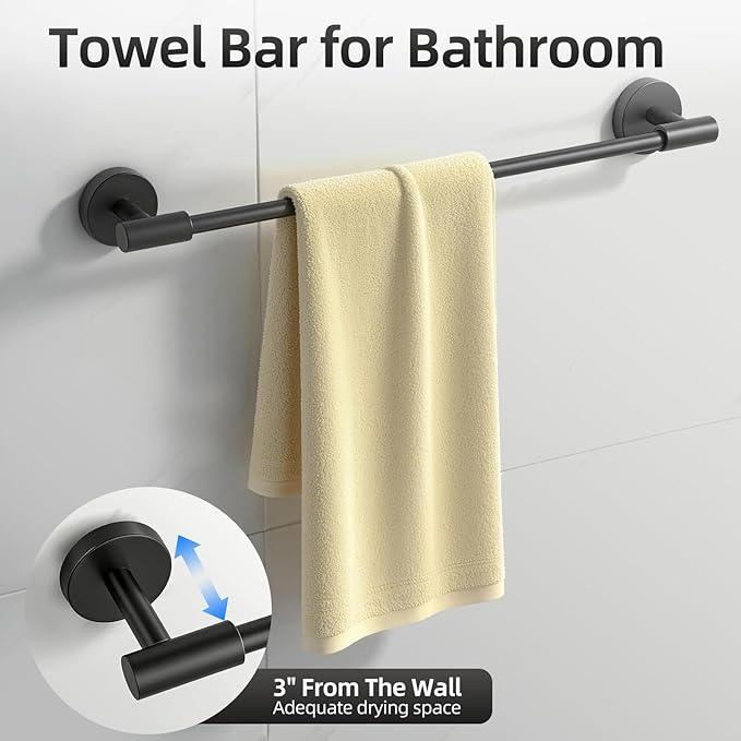 Matte Black Bathroom Hardware Accessories Set 5 Pieces, SUS304 Stainless Steel Bathroom Towel Bar Toilet Paper Holder Set Wall Mounted-19 Inch Towel Bar, Toilet Paper Holder, Towel Hooks, Towel Ring - ModernBath