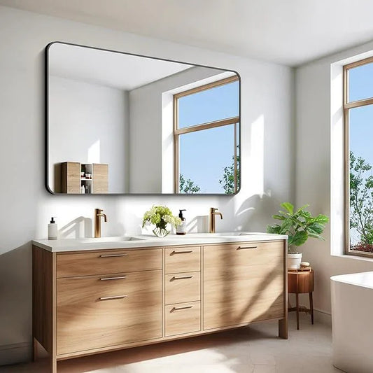55x36 inch Bathroom Mirror,Black Rectangle Mirror,Wall Mounted Bathroom Frame Vanity Mirror with Round Corner for Bedroom Living Room, Entryway Hangs Horizontal or Vertical - ModernBath