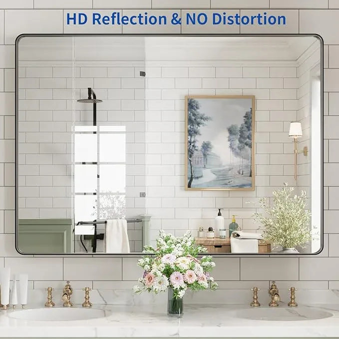 WEER Black Bathroom Mirror for Wall, 48X40 Inch Matte Black Mirror, Rectangular Black Metal Framed Vanity Mirror with Tempered Glass, Rounded Corner, Anti-Rust (Horizontal/Vertical) - ModernBath