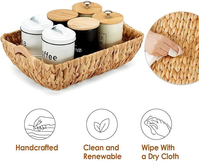 Wicker Baskets 2 Pack, Water Hyacinth Wicker Storage Basket with Wooden Handles, Hand-Woven Baskets for Storage, Natural - ModernBath