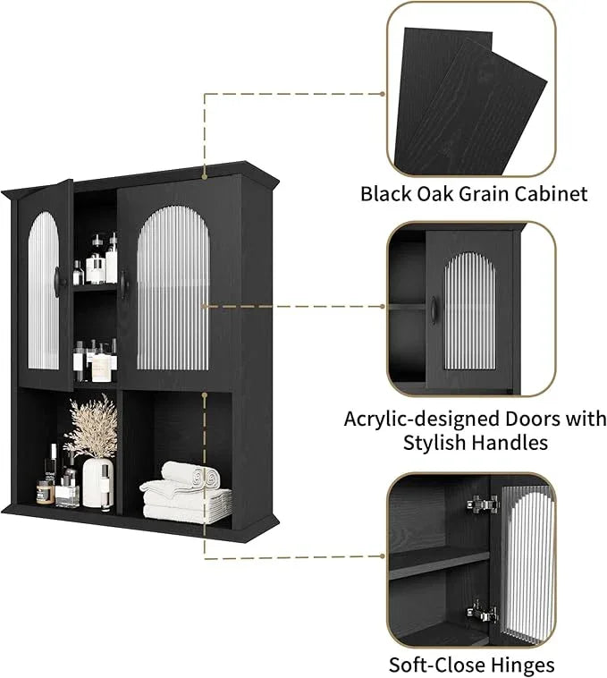 CJL Bathroom Wall Cabinet with Fluted Door, 23.6'' x 29.5'' Medicine Cabinet, Over The Toilet Storage Cabinet, Black - ModernBath