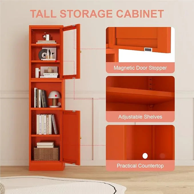 Metal Bathroom Storage Cabinet, 67" Tall Narrow Freestanding Floor Cabinet with Adjustable Shelves and Open Compartment, Slim Metal Locker for Laundry, Kitchen, Dining Room - ModernBath