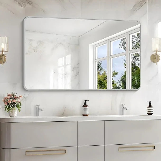 CIVENO 48x30 Inch Silver Bathroom Mirror, Metal Framed Silver Rectangle Mirrors, Rounded Rectangular Vanity Mirror, Wall Mounted Mirrors for Living Room Bedroom Entryway Hangs Horizontal or Vertical - ModernBath