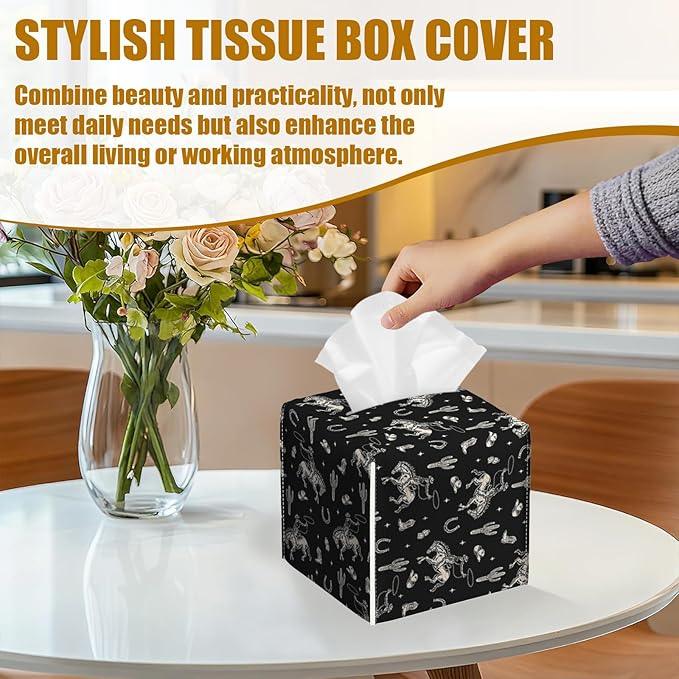 Western Cowboy Tissue Box Cover 2PCS, Leather Tissue Box Holder Square Facial Paper Case Tissue Box Cube Organizer for Bathroom Bedroom Desk Office - ModernBath