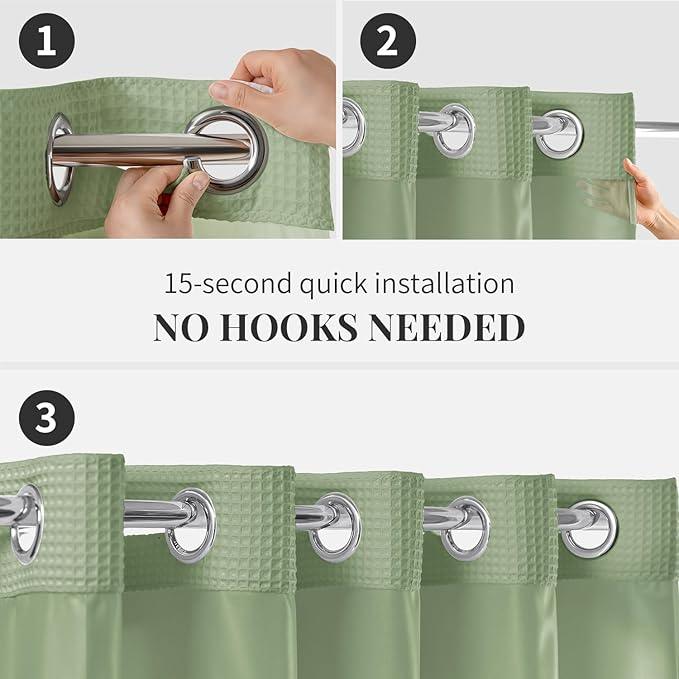 River Dream Sage Green Fabric Shower Curtain Set, Cotton Blend, Waffle Weave, with Snap in Replacement Liner，54 x 80 inches - ModernBath