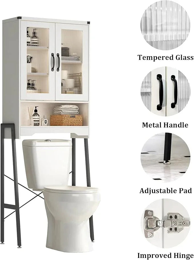 Over The Toilet Storage Cabinet with Tempered Glass Doors & Metal Stand, Over Toilet Organizer with Adjustable Shelf Space Saver Over Toilet , Tall Freestanding Shelf/Rack for Bathroom, Modern, White - ModernBath