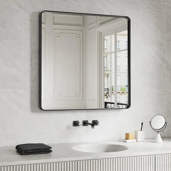 JISOSO Black Bathroom Mirror 36X36 Inch, Black Metal Framed Mirror for Wall, Rounded Rectangle Matte Bathroom Vanity Mirror with Tempered Glass, Anti-Rust, Horizontal/Vertical - ModernBath