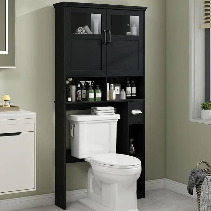 Vabches Over The Toilet Storage Cabinet, Storage Cabinet Over Toilet with Double Doors & Toilet Paper Holder Stand, Freestanding Toilet Shelf Space Saver with Anti-Tip Design & Adjustable Shelf, Black - ModernBath