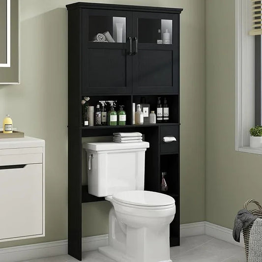 Vabches Over The Toilet Storage Cabinet, Storage Cabinet Over Toilet with Double Doors & Toilet Paper Holder Stand, Freestanding Toilet Shelf Space Saver with Anti-Tip Design & Adjustable Shelf, Black - ModernBath