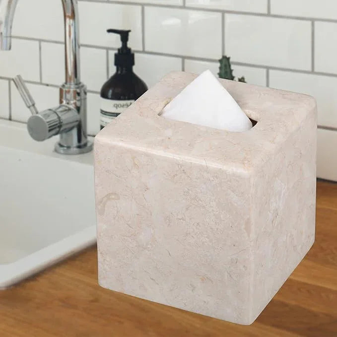 Creative Home Luxury Natural Champagne Marble Tissue Box Cover Heavy-Duty Square Facial Tissue Holder, Hand-Carved for Bathroom Bedroom Living Room, Elegant Durable, Beige, 5.4 x 5.4 x 5.6 H Inch - ModernBath