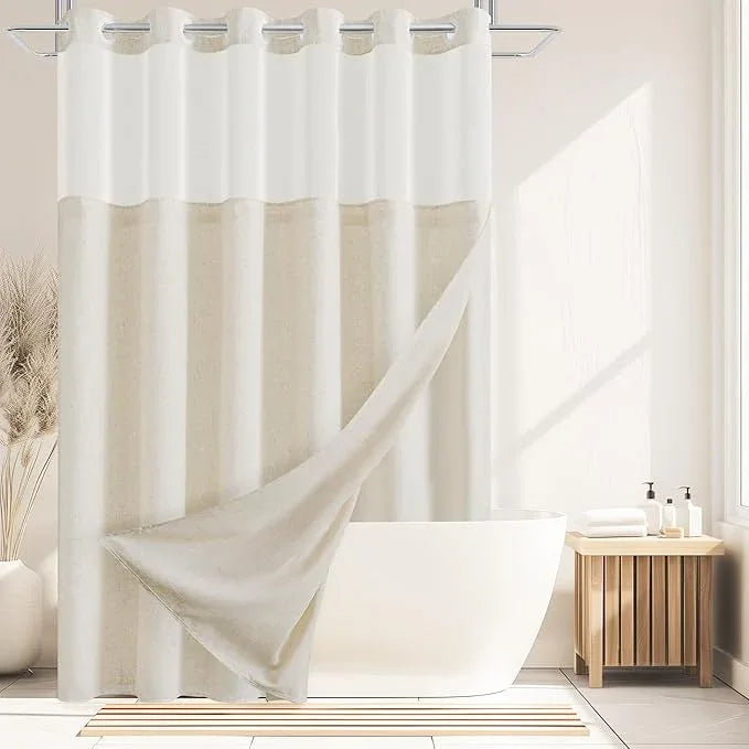 Jowels No Hooks Needed Linen Shower Curtain and Liner Set, Hotel Luxury Decor Shower Curtains for Bathroom with See Through Top Window,Water Resistant Fabric,72Wx84L,Natural Linen - ModernBath