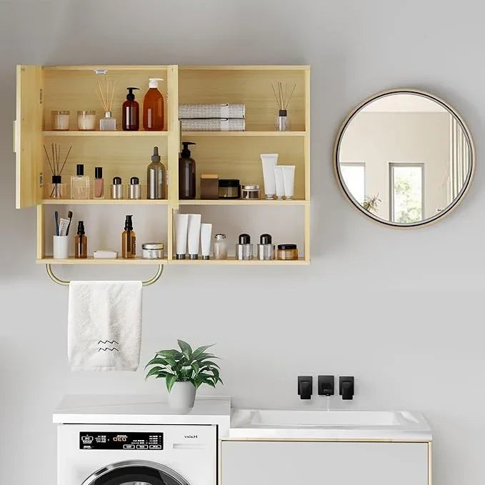 Bathroom Wall Cabinet Wood Large Wall Mounted Medicine Cabinet with 2 Doors and 4 Open Shelves Over Toilet Storage Cabinet Organizer with Towel Bar,Wood - ModernBath