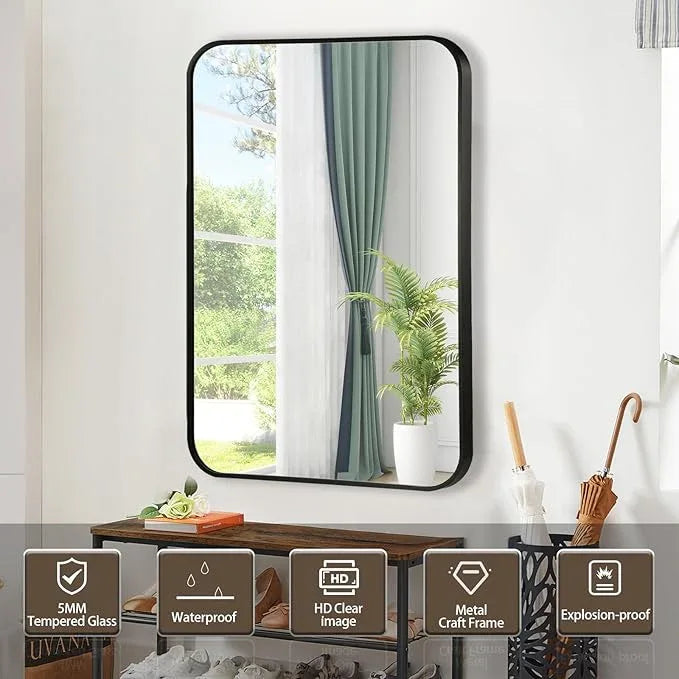 CLBA Black Bathroom Mirror, 22x30 Inch Matte Black Mirror, Aluminum Alloy Framed Vanity Mirror, Rounded Rectangle Mirror for Over Sink, Anti-Rust Wall Mirror (Horizontally or Vertically) - ModernBath