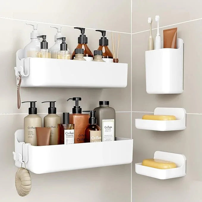 Orimade Shower Caddy 5-Pack, No-Drill Adhesive Shelves for Bathroom, Rustproof ABS Storage Organizer Set, White - ModernBath