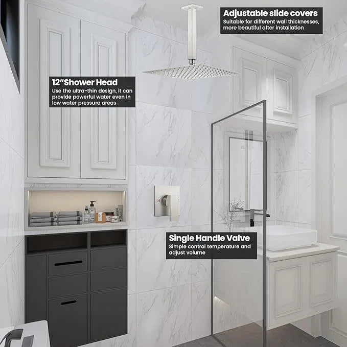 Airuida Shower Faucet Set and Handle Set Single Function Shower Trim Kit Ceiling Mount Rainfall Shower System with Male Threads and Rough-in Valve 12 Inch Square Shower Head Brushed Nickel - ModernBath