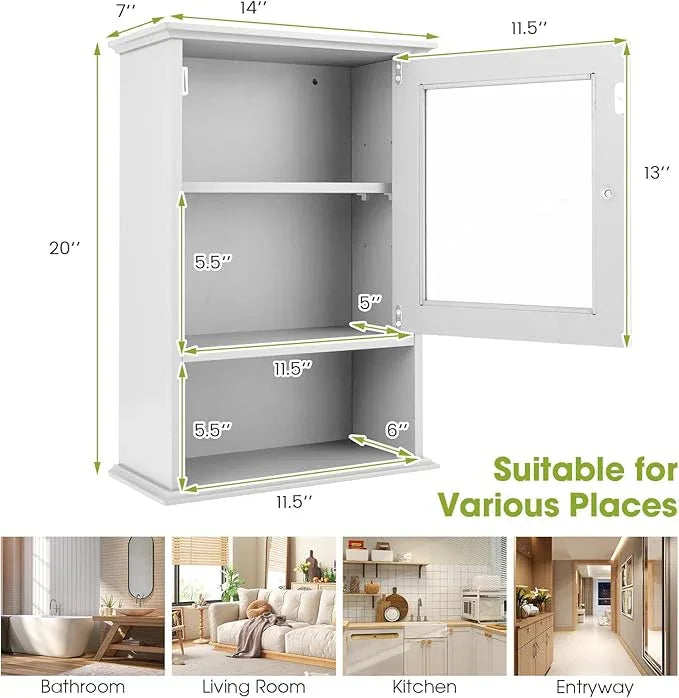LOKO Bathroom Medicine Cabinet, Over The Toilet Storage Organizer with Adjustable Shelf, Modern Wall Mounted Storage Cabinet with Tempered Glass Door for Living Room, Entryway (White) - ModernBath