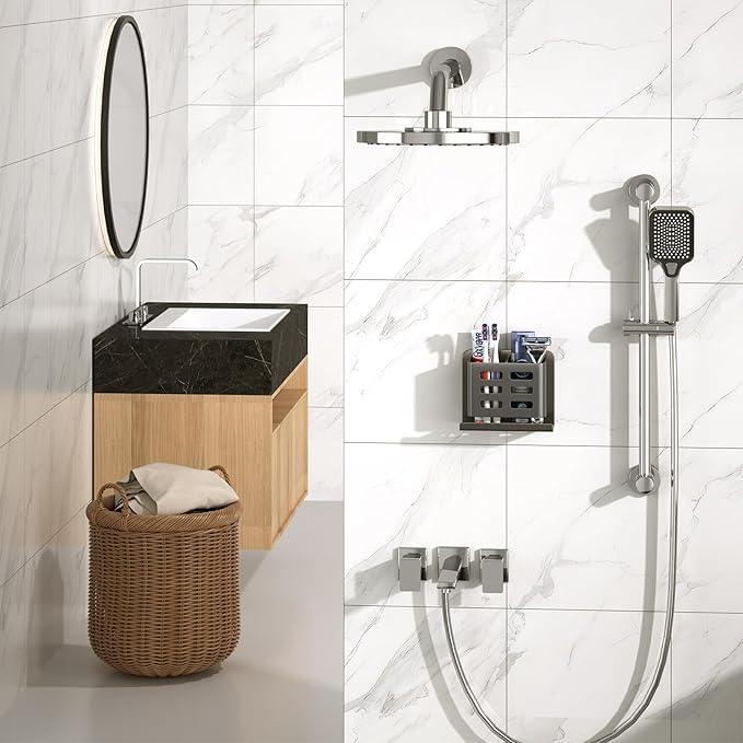 YESENT Grey Wall-Mounted Toothbrush Holder, Aluminum Material Shower Shaver Storage Rack, No Drilling Required, Removable Toothpaste Storage Rack - ModernBath
