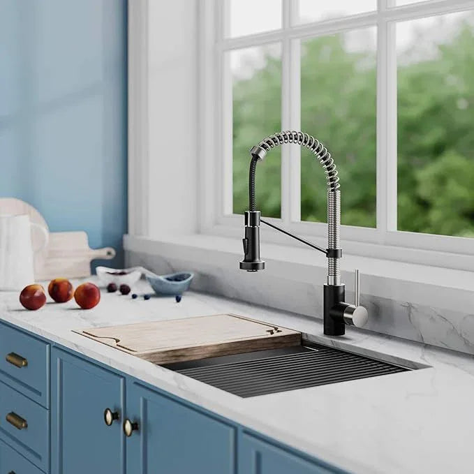 KRAUS Bolden 18-Inch Single Handle Spot Free Stainless Steel/Matte Black Commercial Style Pull-Down Kitchen Faucet with Dual Function Sprayer, KPF-1610SFSMB (Pack of 1) - ModernBath