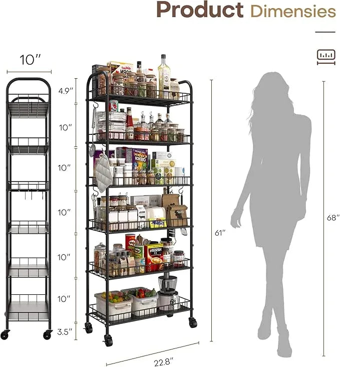 6 Tier Slim Storage Cart with Wheels, Metal Mobile Shelving Unit Organizer Utility Cart for Office Bathroom Kitchen Laundry Room Narrow Places (10inches) - ModernBath