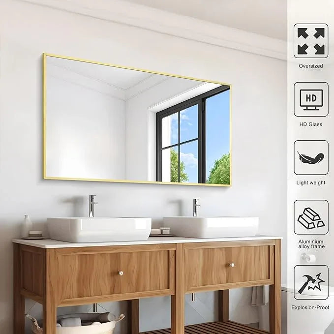 COFENY 36x55inch Bathroom Mirror, Gold Rectangle Mirror with Thin Metal Frame, Large Rectangular Wall Mirror for Bathroom, Living Room, Hair Salon, Big Farmhouse Mirror Hang Horizontal/Vertical - ModernBath
