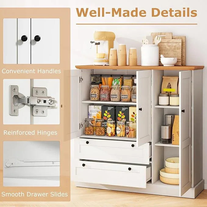 LOKO 47.5” Tall Buffet Cabinet with Storage, Modern Storage Cabinet with 3 Doors & 2 Large Drawers, Farmhouse Kitchen Pantry with Removable Shelf for Dining Room, Living Room, Home Bar - ModernBath