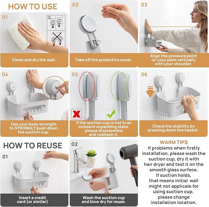LEVERLOC Shower Caddy Suction Cup Set Shower Organizer & Soap Holder & Toothbrush Holder, Bathroom Shelf Basket NO-Drilling, Removable Suction Storage Waterproof Bathroom Caddy, Gray - ModernBath
