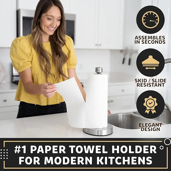 Dear Household Stainless Steel Paper Towel Holder Easy One-Handed Operation - This Sturdy Weighted Paper Towel Dispenser Countertop Model Has Suction Cups and Holds All Paper Towel Rolls - Silver - ModernBath
