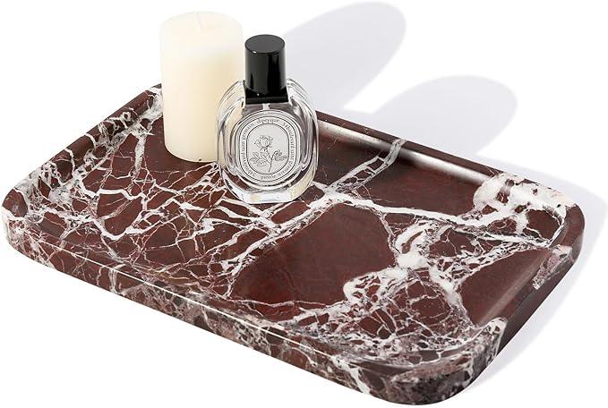 Marble Vanity Tray, 11.8in Stone Bathroom Tray for Countertop, Red Decorative Tray for Dresser Organizer, Luxury Serving Tray for Kitchen, Storage Dish for Kitchen Sink, Perfume, Jewelry Holder - ModernBath