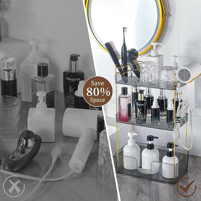 YCIA&DONE Bathroom Counter Organizer, Large Makeup Organizer Countertop, Shelf Storage, Vanity Tray, Easily Assemble for Bathroom Organizers and Storage, Undersink, Cabinet, 3 Tiers Grey - ModernBath