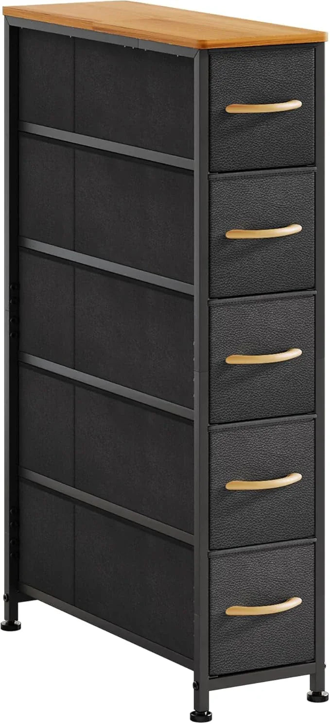 Narrow Dresser Storage Tower with 5 Drawers, Slim Dresser Chest of Drawers with Steel Frame, Wood Top, Dresser for Bedroom, Bathroom, Small Spaces, Laundry, Closet, Black - ModernBath