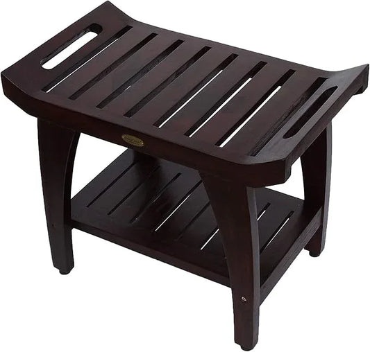 DecoTeak Tranquility 24 Inch Brown Waterproof Teak Wood Shower Bench Stool Seat Chair for Inside Shower Provides Safety, Storage, and Organization for Bathroom Accessories - ModernBath