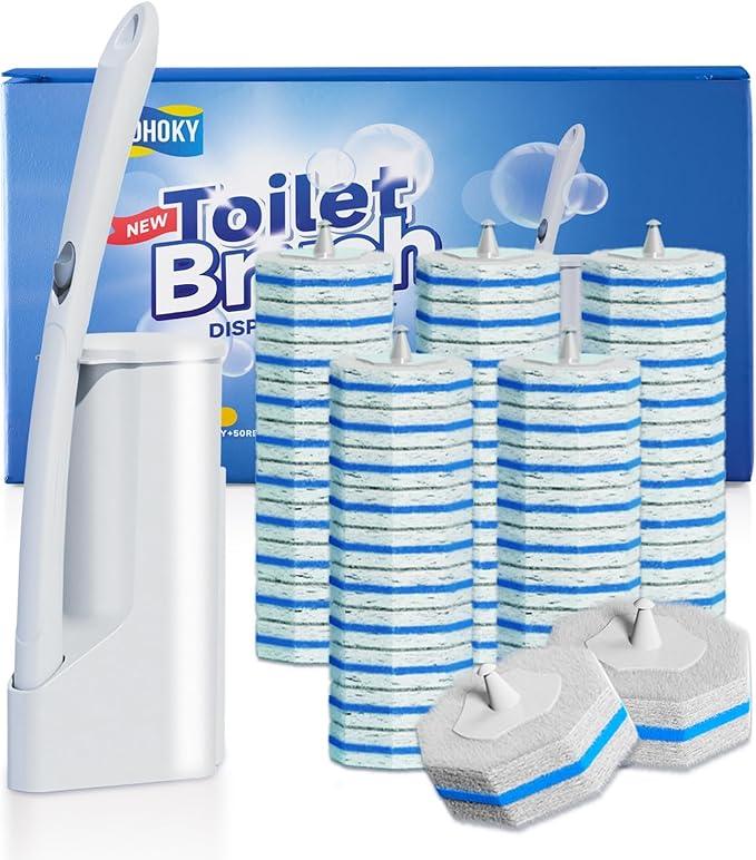 Disposable Toilet Brush Cleaning System with 50pcs Refills Pads Replacement Heads, Toilet Cleaning Stick, Wall Mounted Toliet Wand Kit Bathroom Maintenance, Toilet Bowl Cleaner Wands Holder and Set - ModernBath