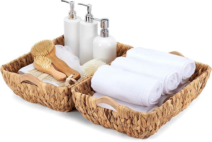 Wicker Baskets 2 Pack, Water Hyacinth Wicker Storage Basket with Wooden Handles, Hand-Woven Baskets for Storage, Natural - ModernBath