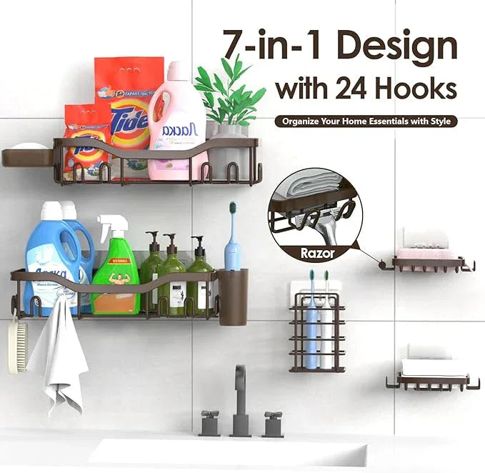Shower Caddy Adhesive Shower Organizer 7-Pack, Rustproof Stainless Steel Bathroom Shelves, Large Capacity No-Drill Rack Storage Accessories with Soap Dish Toothbrush Holder Hooks (Brown) - ModernBath