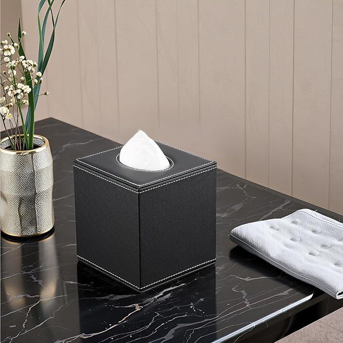 KINGFOM Square Pu Leather Tissue Box Cover, Modern Facial Tissue Holder, Roll Tissues Paper Case Dispenser for Bathroom Vanity Countertop, Night Stands, Office Desk & Car(Black) - ModernBath