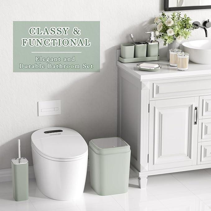 XLHOMO Sage Green Bathroom Set - 24PC Bathroom Sets with Shower Curtain and Rugs, Sage Green Bathroom Accessories Set with Press-on Lid Bathroom Trash Can, Soap Dispenser - ModernBath