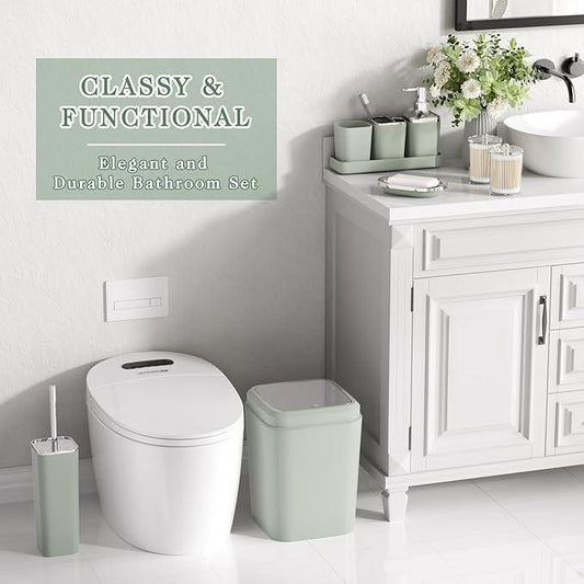 XLHOMO Bathroom Set, Sage Green Bathroom Accessories Set with Press-on Lid Bathroom Trash Can, Soap Dispenser, 10PC Bathroom Accessory Set for Home - ModernBath