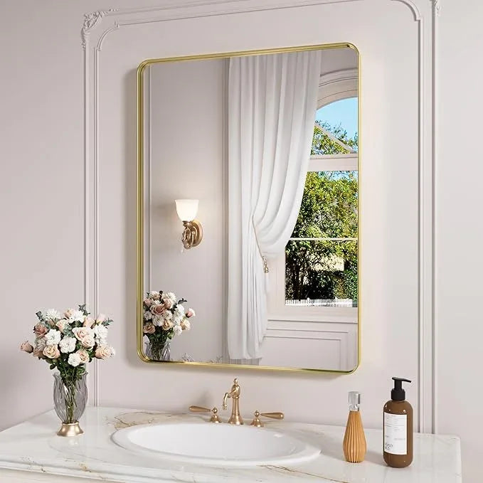 JISOSO Gold Bathroom Mirror, 22x30 Inch Brushed Gold Metal Frame Mirror for Wall, Rounded Rectangle Bathroom Vanity Mirror, Tempered Glass, Anti-Rust, Horizontal/Vertical - ModernBath