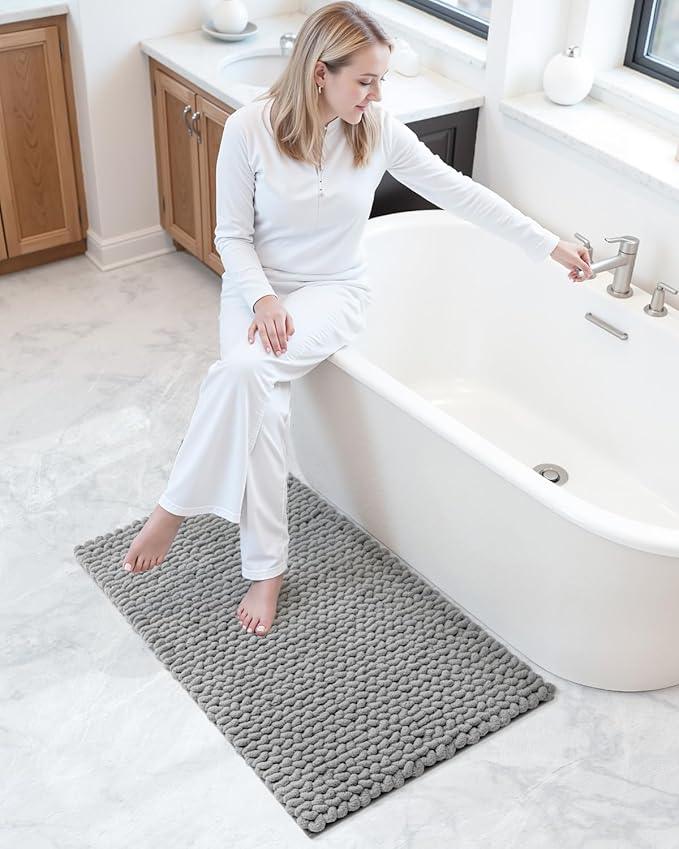 DEXI Bathroom Rugs 24x43, Non Slip Washable Bath Mat, Luxury Chenille Super Absorbent Ultra Thick Bathmats for Shower Floor, Plush Fluffy Shaggy Carpet for Tub, Light Grey - ModernBath