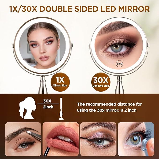 Makeup Mirror with Light, 30x Magnifying Mirror with 3 Lights Colors, 5000mAh Vanity Mirror Brushed Nickel - 360° Rotation, Brightness Adjustable Magnification, Modern Style Side Touch + Side Charge - ModernBath