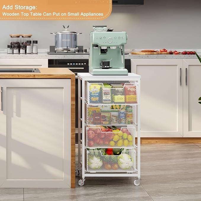 4-Tier Kitchen Storage Cart - Fruit Vegetable Storage Cart with Drawers, Wooden Top Metal Wire Kitchen Organizer and Storage Cart with Wheels to Storage Onions Potatoes Cans Snacks for Kitchen - ModernBath