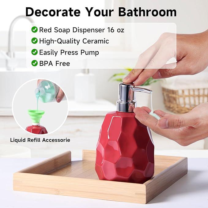 Ceramic Bathroom Accessories Set 4 PCS,Bathroom Toothbrush Holder Set,Soap and Toothbrush Holder Set,Include Toothbrush Holder,Soap Dispenser,Tumbler,Soap Dish,Bathroom Sets Decor Organizer (Red) - ModernBath