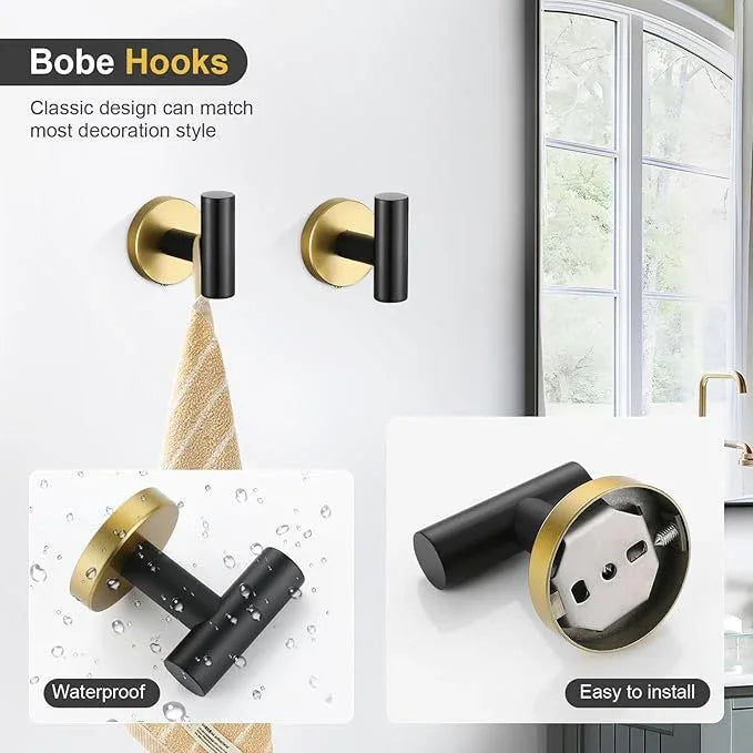 TQKAG Black and Gold Bathroom Hardware Accessories Set 10-Pieces, Premium SUS304 Stainless Steel Bathroom Towel Bar Holder Set 23.6 Inch Round Towel Racks for Bathroom Wall Mounted - ModernBath