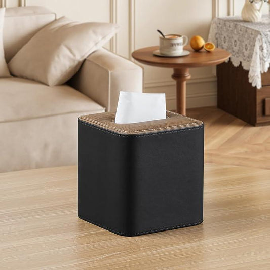 Cretkhp Tissue Box Cover Square, Modern PU Leather Tissue Holder with Magnetic Closure for Bathroom NightStands, Decorative Square Tissue Box Holder (Black) - ModernBath