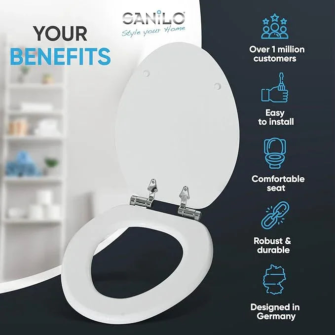 SANILO Wooden Toilet Seat with Soft Close [ELONGATED] - Decorative, Quiet & Slow Close Molded Wood Seat - With Strong Bumpers & Hinges - Adjustable Fit - White Wood - ModernBath
