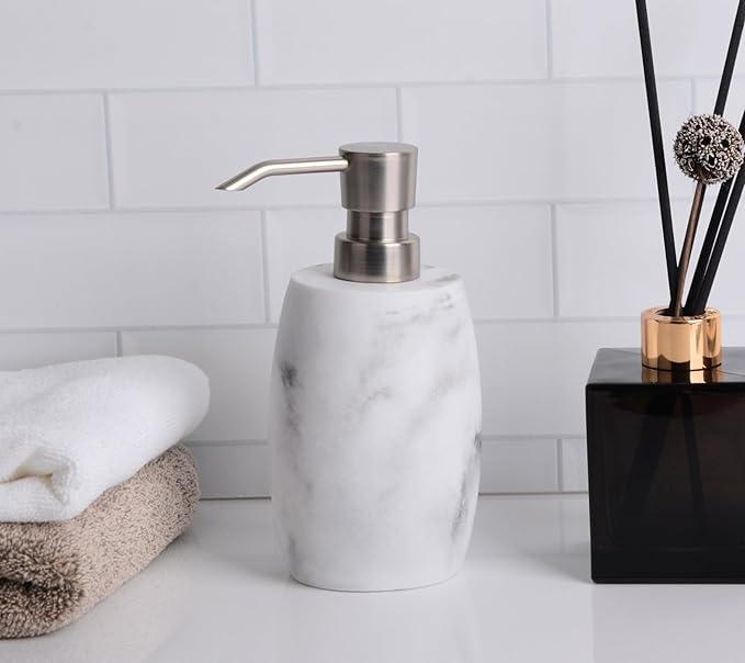 Clasin Home Resin Hand Soap Dispenser, Refillable Soap Dispenser with White Marble Look and Metallic Pump, Waterproof Bottle Labels for Bathroom Kitchen Dish Hand Wash Shower Lotion Shampoo (12 Oz) - ModernBath